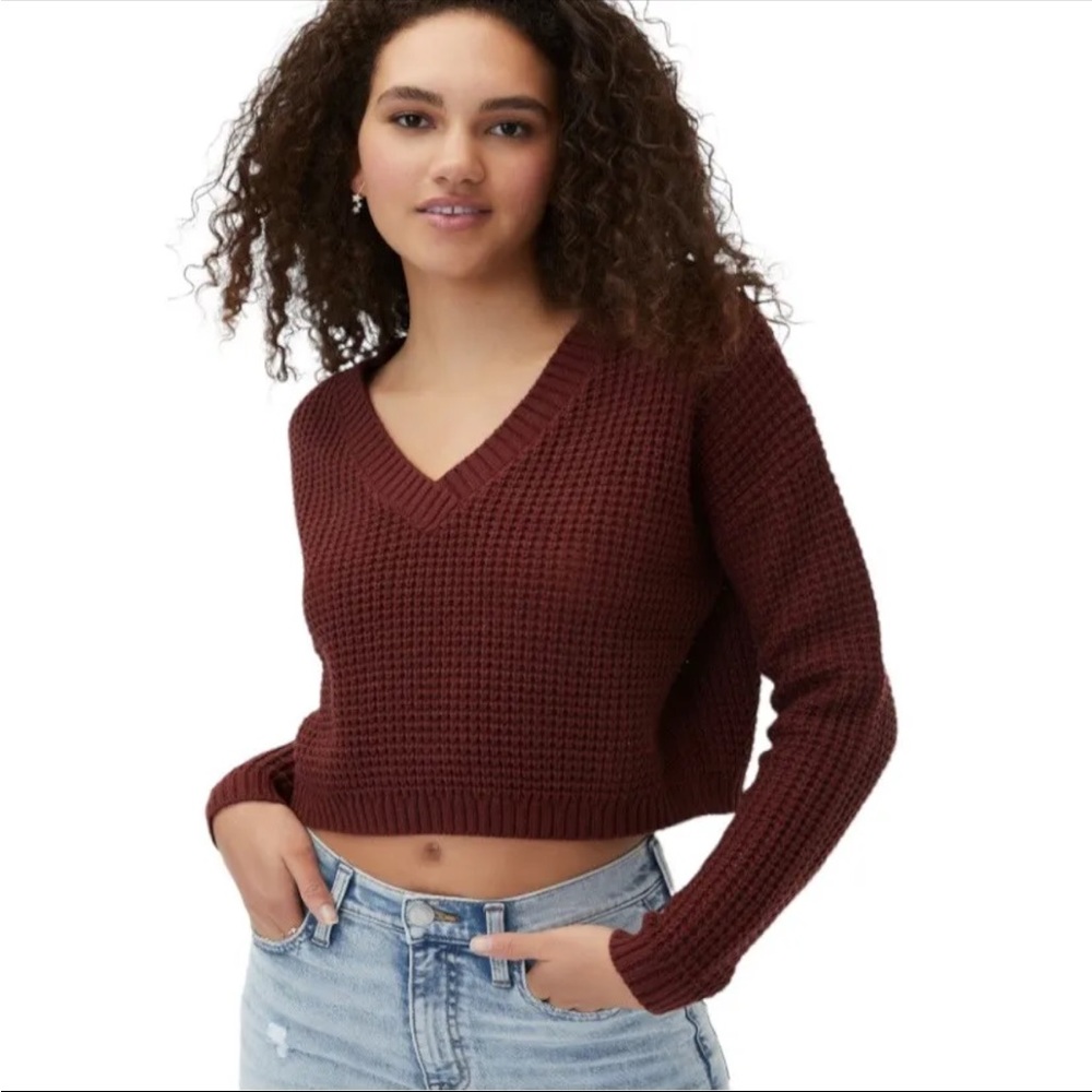Aeropostale Women’s Sz XS Tawny Port Crop Top Waffle Knit V Neck Sweater
